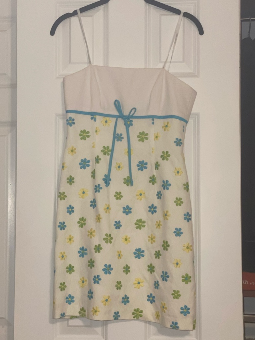 Laundry By Shelli Segal White Floral Spaghetti-Strap Dress with Blue Trim